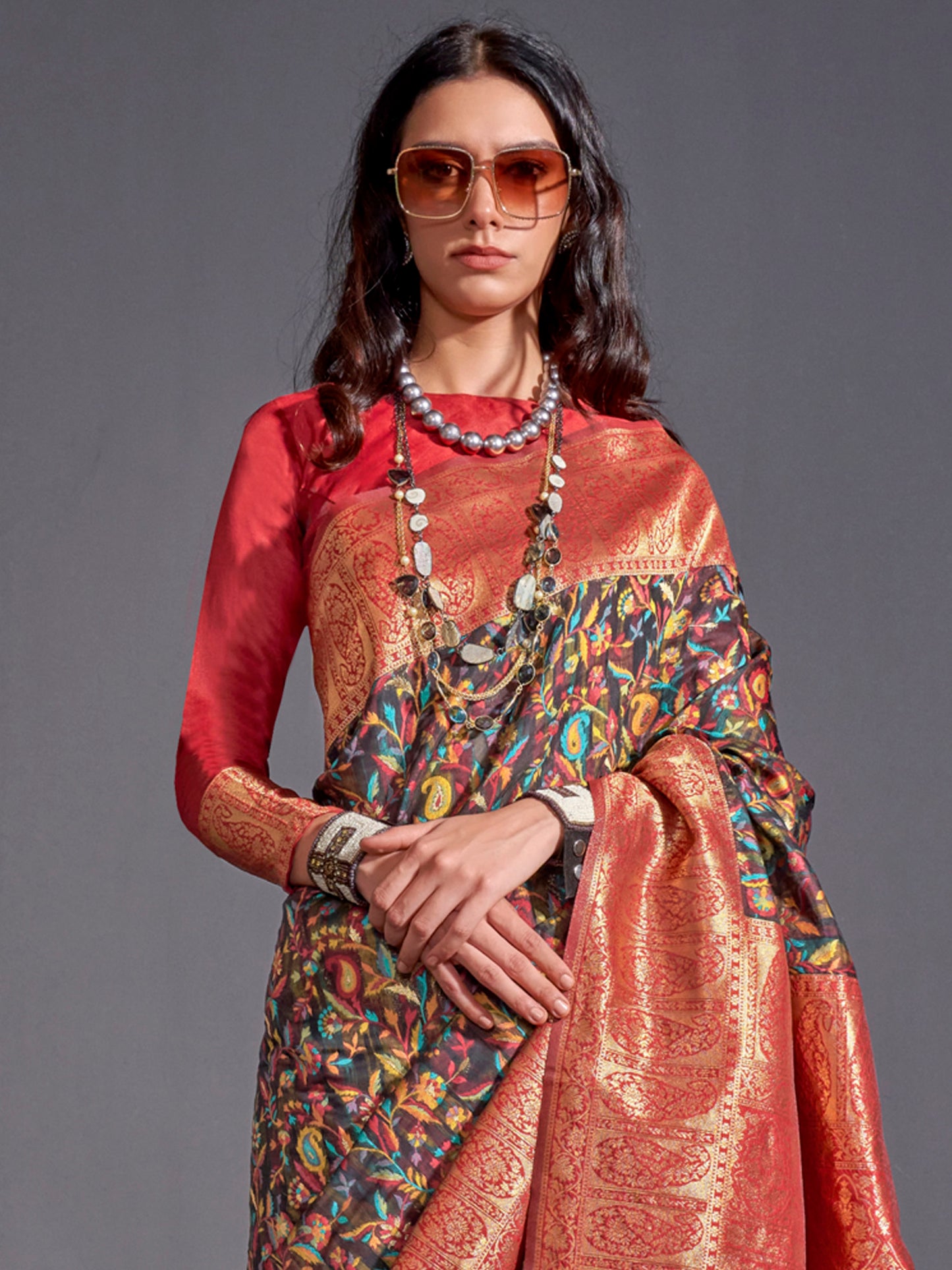 Women's Silk Blend Black Woven Design Designer Saree With Blouse Piece