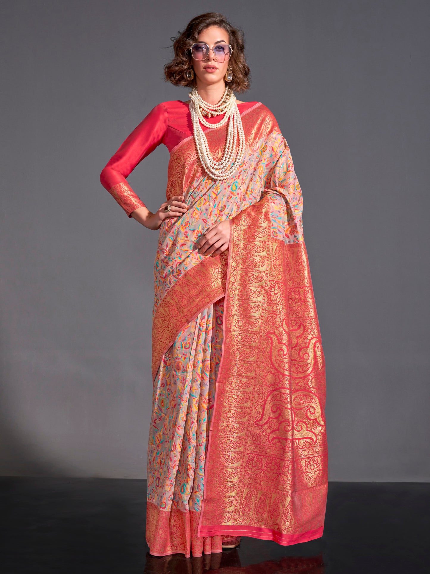 Women's Silk Blend Beige Woven Design Designer Saree With Blouse Piece