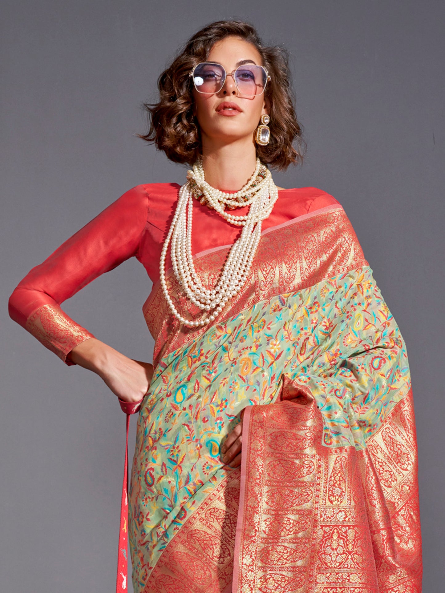 Women's Silk Blend Sea Green Woven Design Designer Saree With Blouse Piece