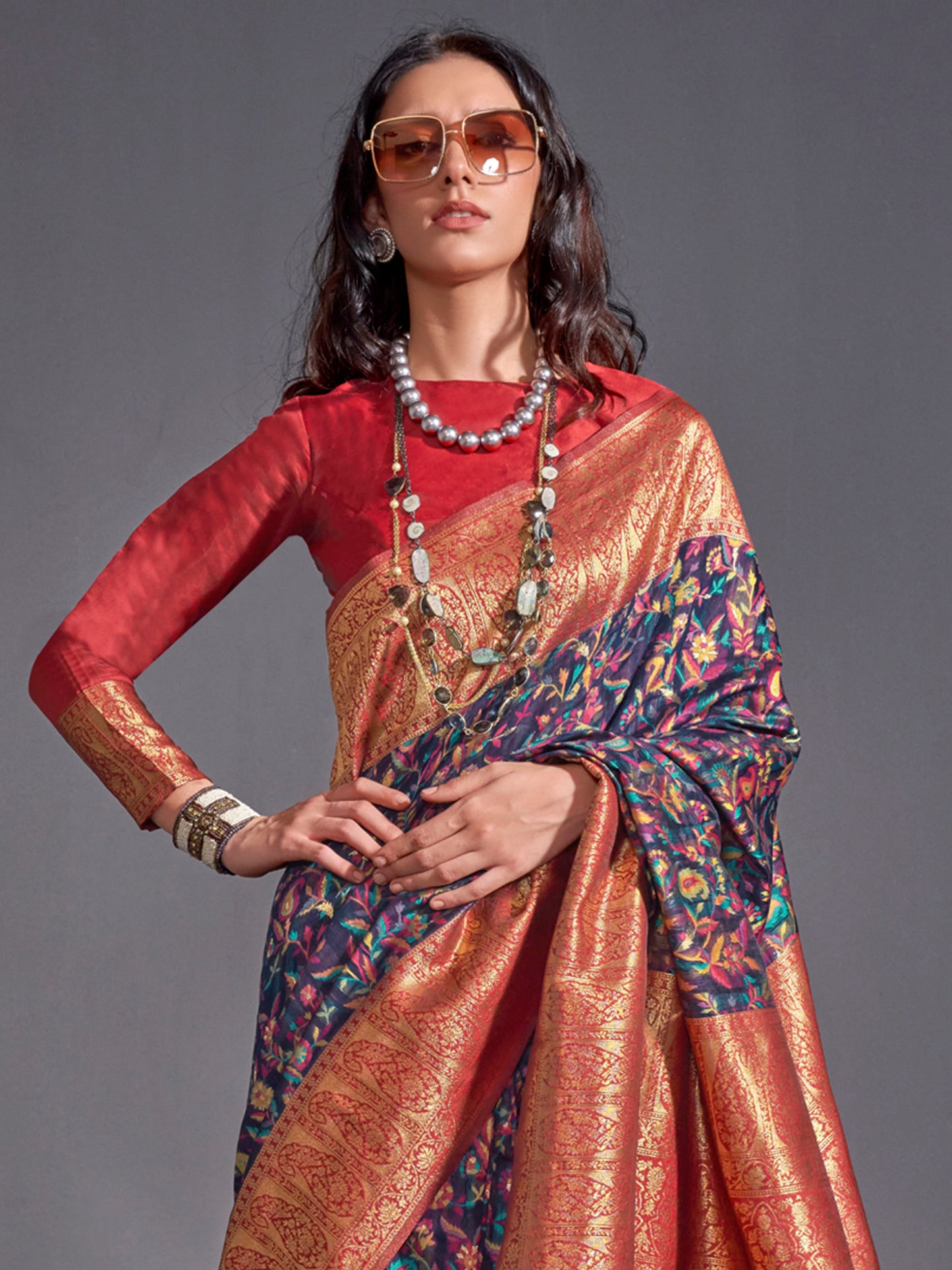 Women's Silk Blend Navy Blue Woven Design Designer Saree With Blouse Piece