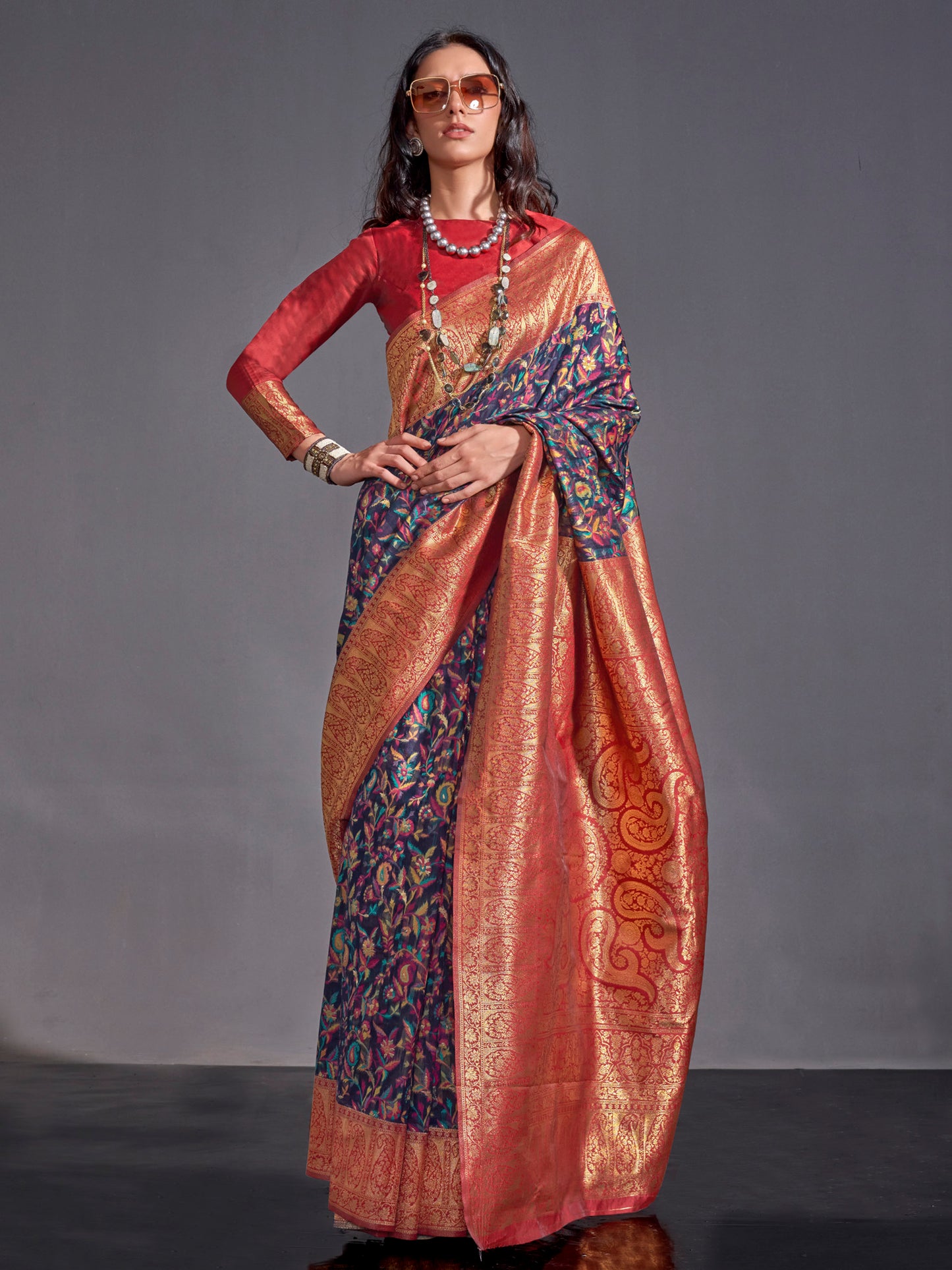 Women's Silk Blend Navy Blue Woven Design Designer Saree With Blouse Piece