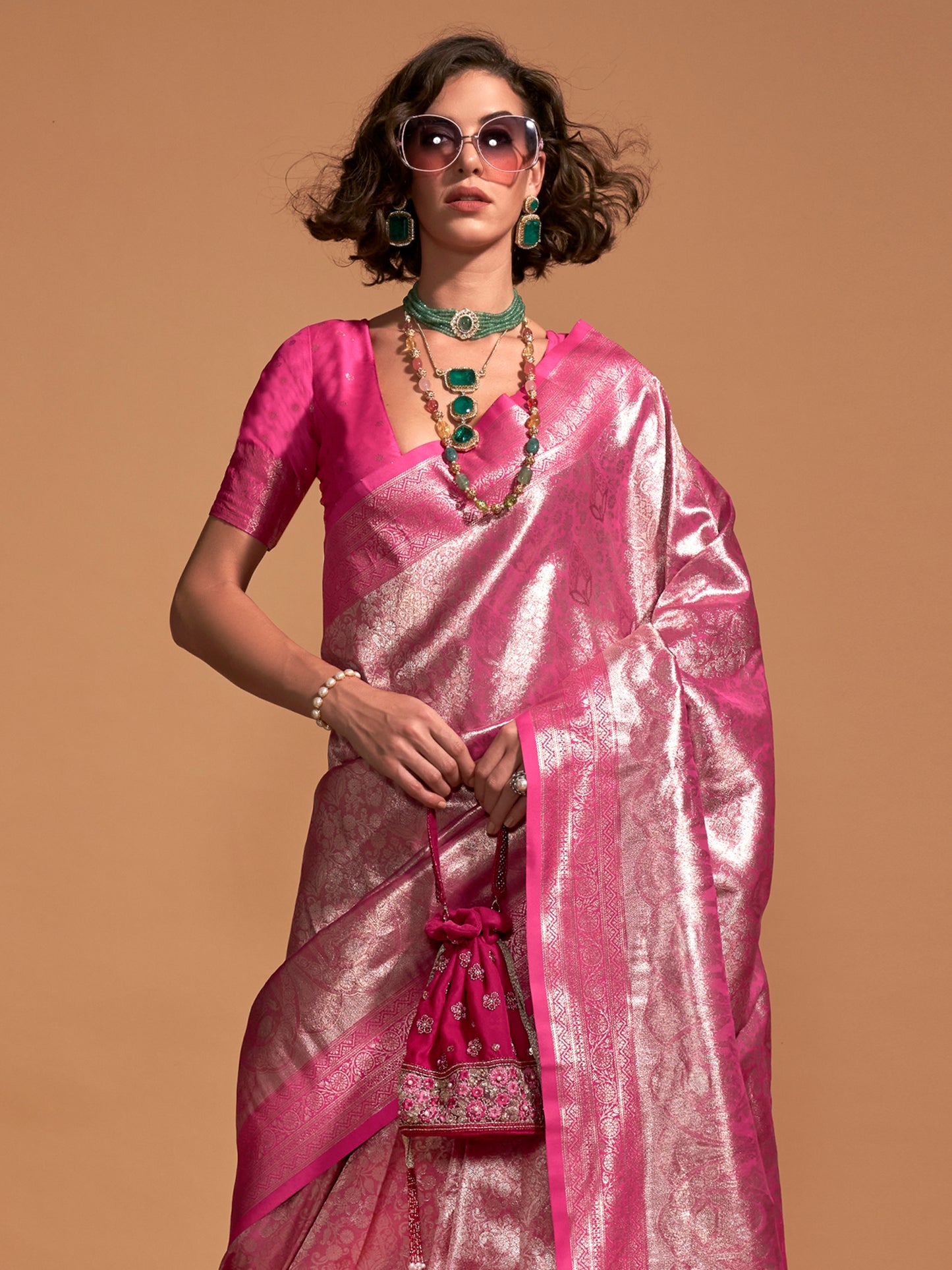 Women's Kanjeevaram Silk Pink Woven Design Designer Saree With Blouse Piece