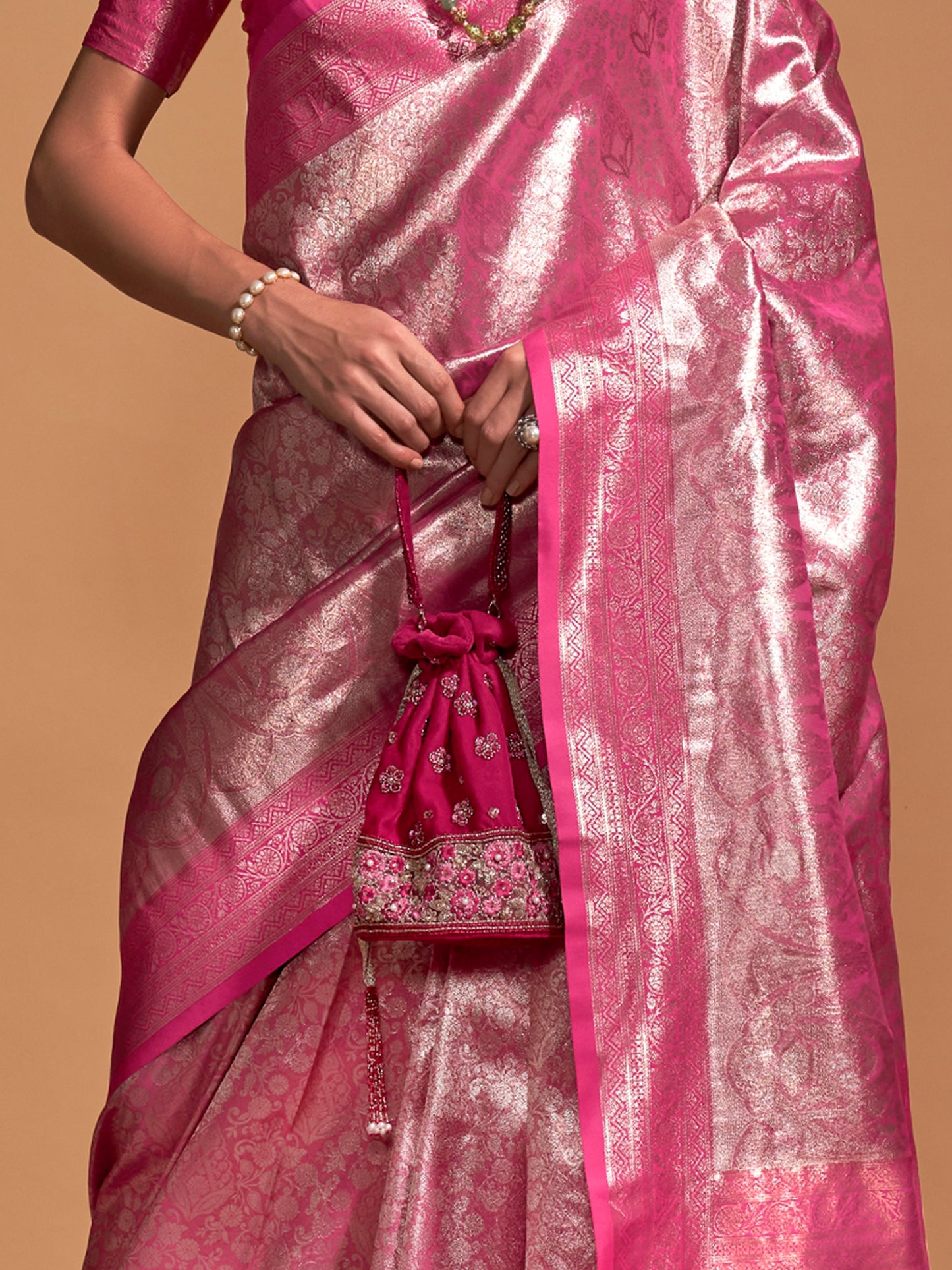 Women's Kanjeevaram Silk Pink Woven Design Designer Saree With Blouse Piece