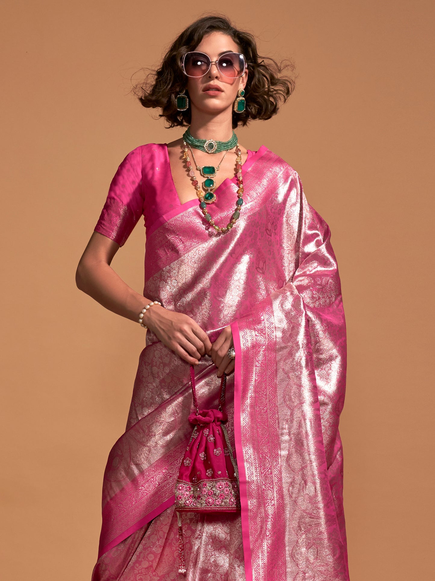 Women's Kanjeevaram Silk Pink Woven Design Designer Saree With Blouse Piece
