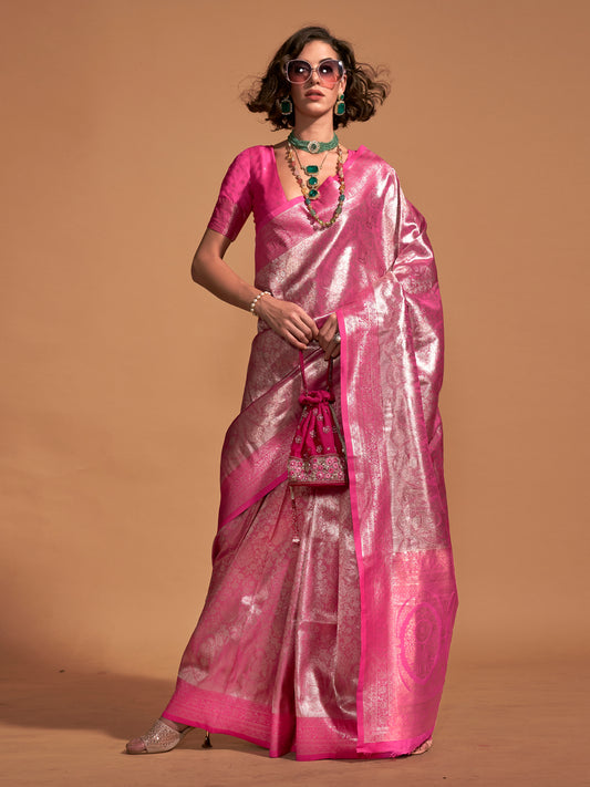 Women's Kanjeevaram Silk Pink Woven Design Designer Saree With Blouse Piece