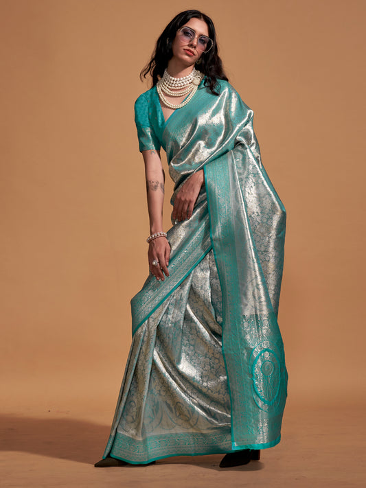 Women's Kanjeevaram Silk Light Blue Woven Design Designer Saree With Blouse Piece
