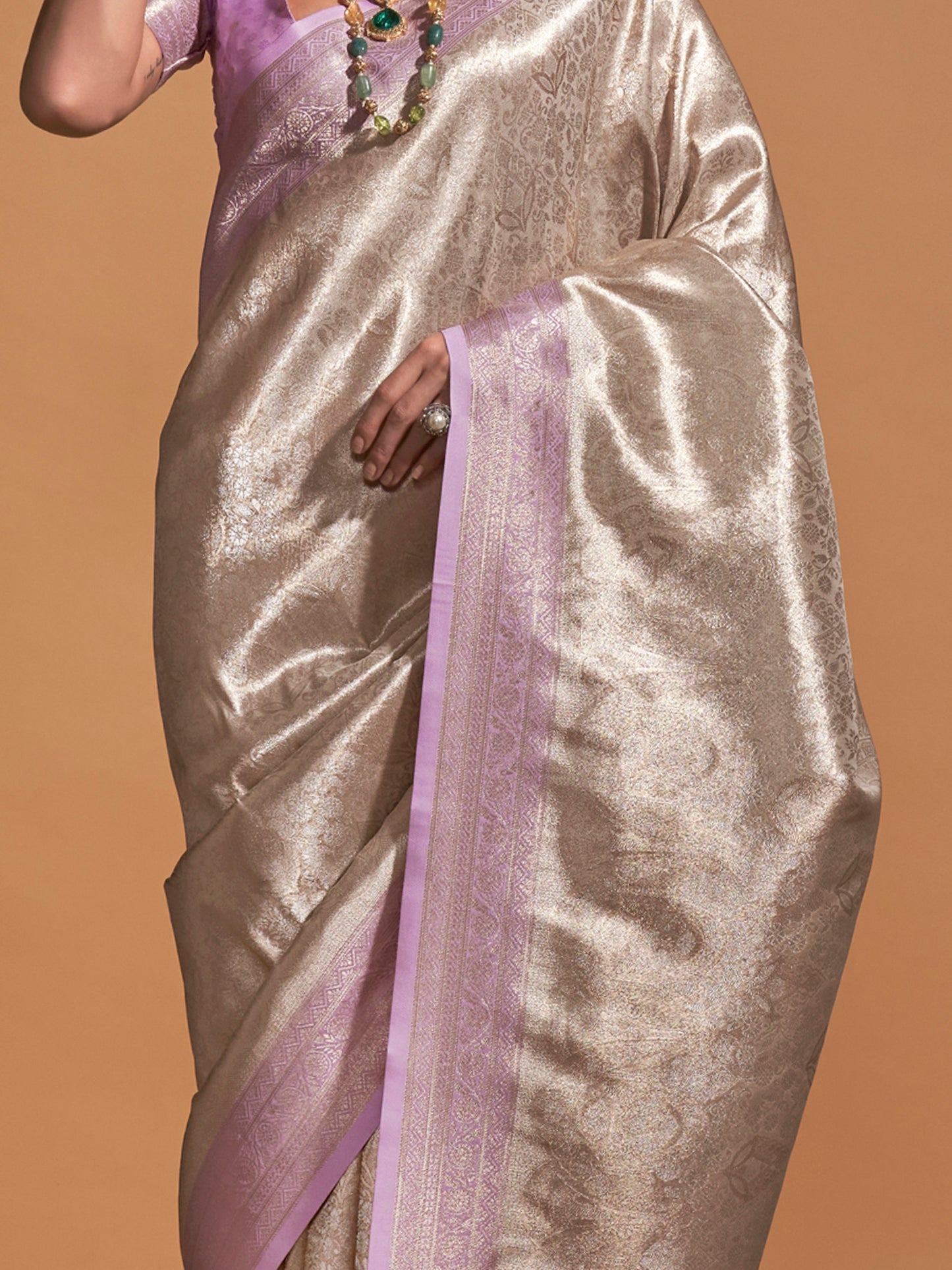 Women's Kanjeevaram Silk Cream Woven Design Designer Saree With Blouse Piece