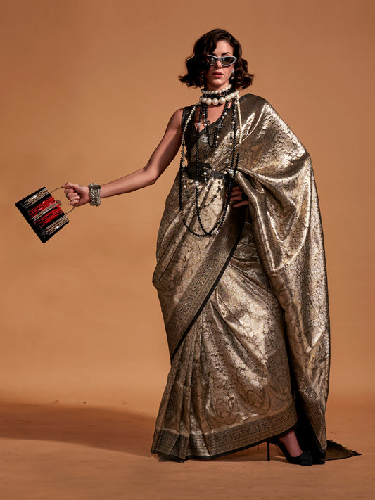 Women's Kanjeevaram Silk Olive Woven Design Designer Saree With Blouse Piece