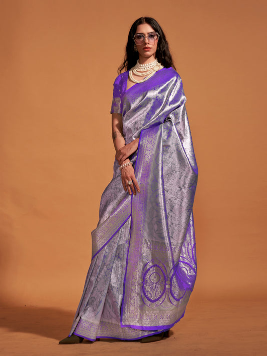 Women's Kanjeevaram Silk Purple Woven Design Designer Saree With Blouse Piece