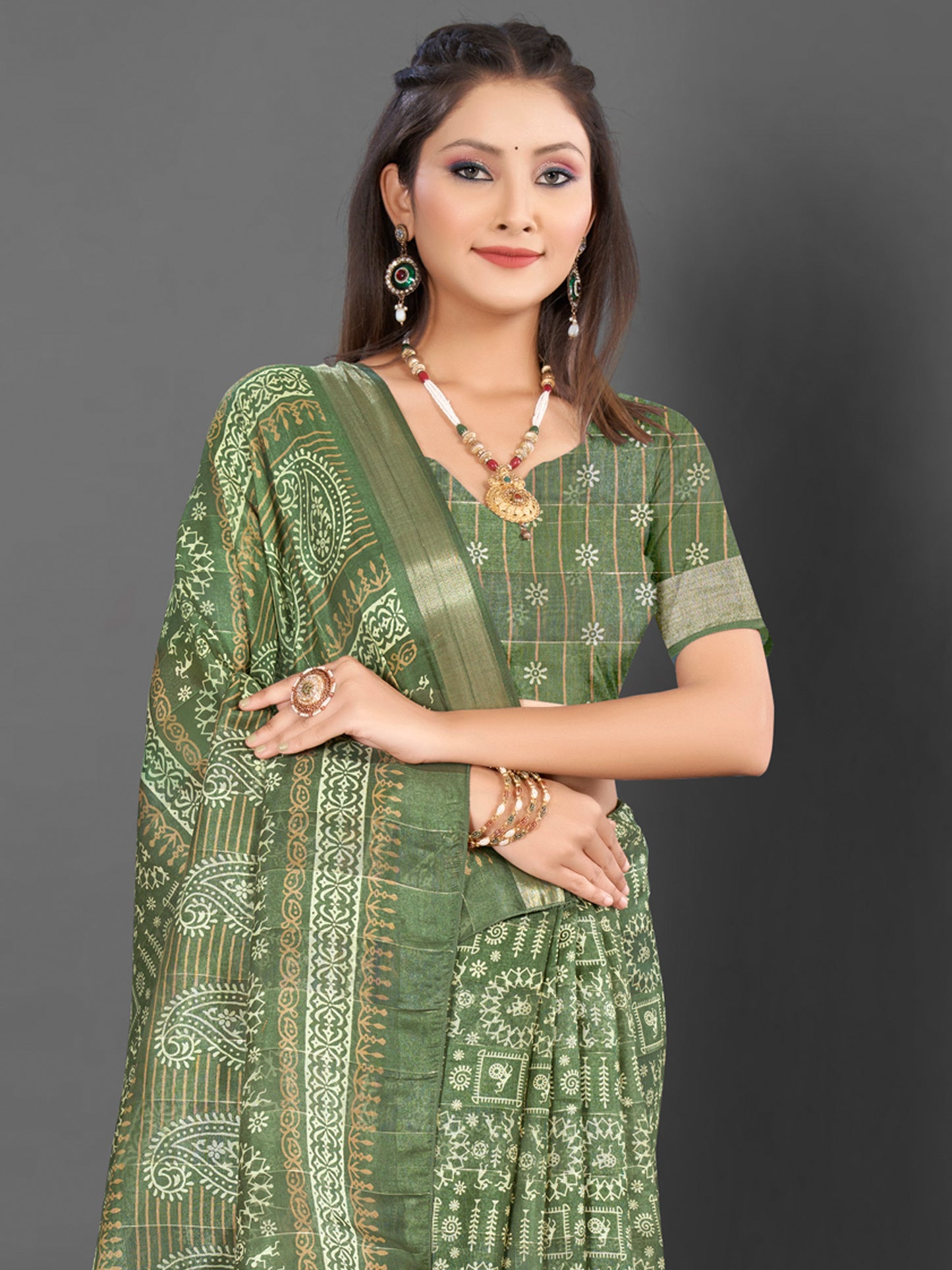 Women's Silk Blend Olive Printed Designer Saree With Blouse Piece