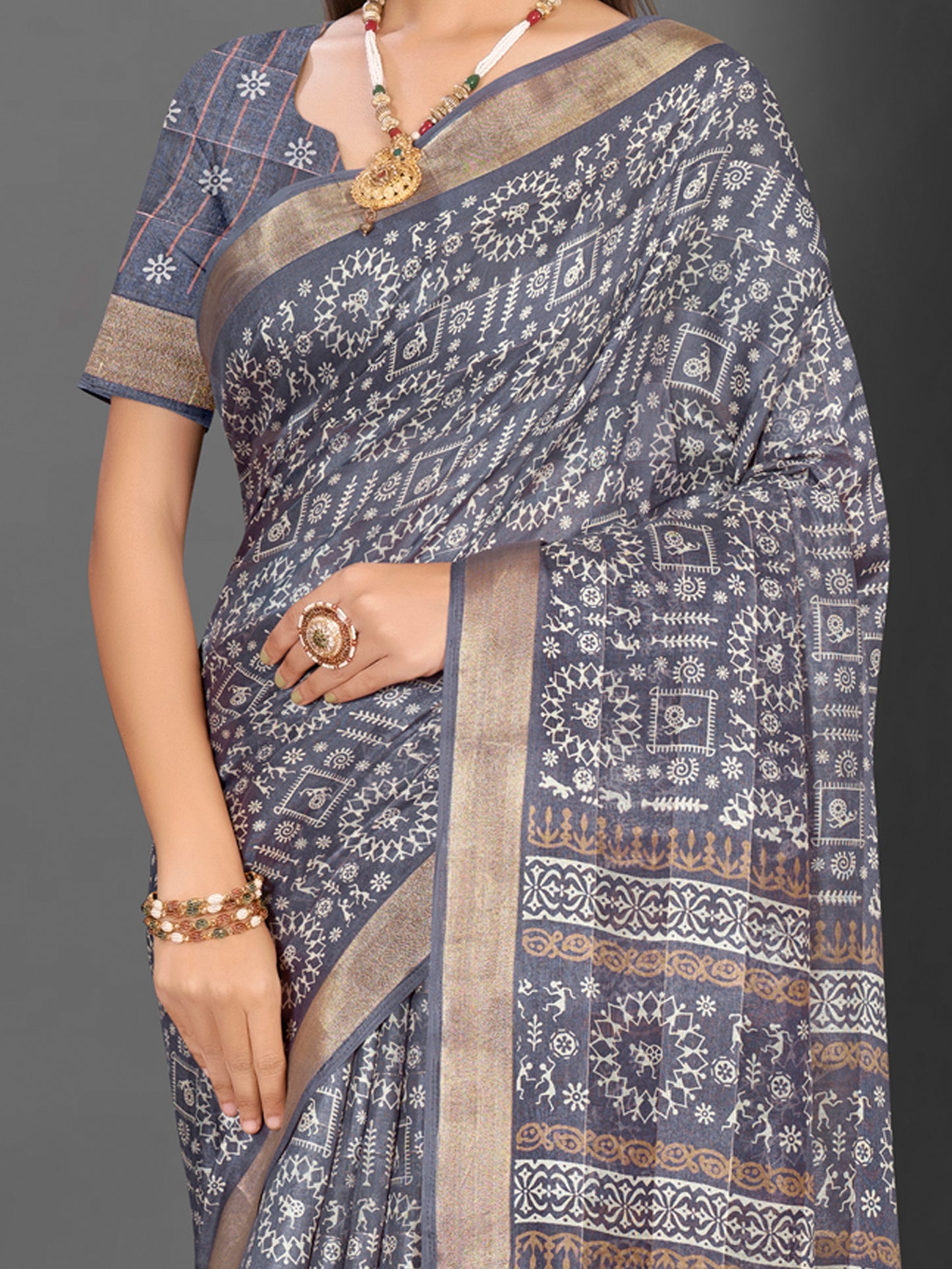 Women's Silk Blend Grey Printed Designer Saree With Blouse Piece