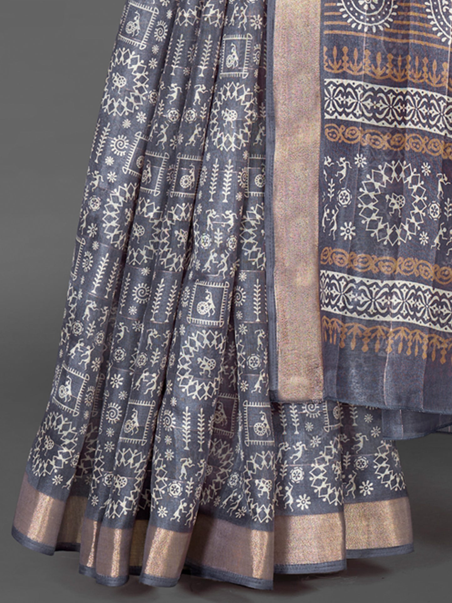 Women's Silk Blend Grey Printed Designer Saree With Blouse Piece