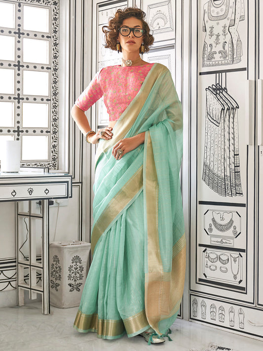 Women's Pure Chiffon Pink Woven Design Designer Saree With Blouse Piece