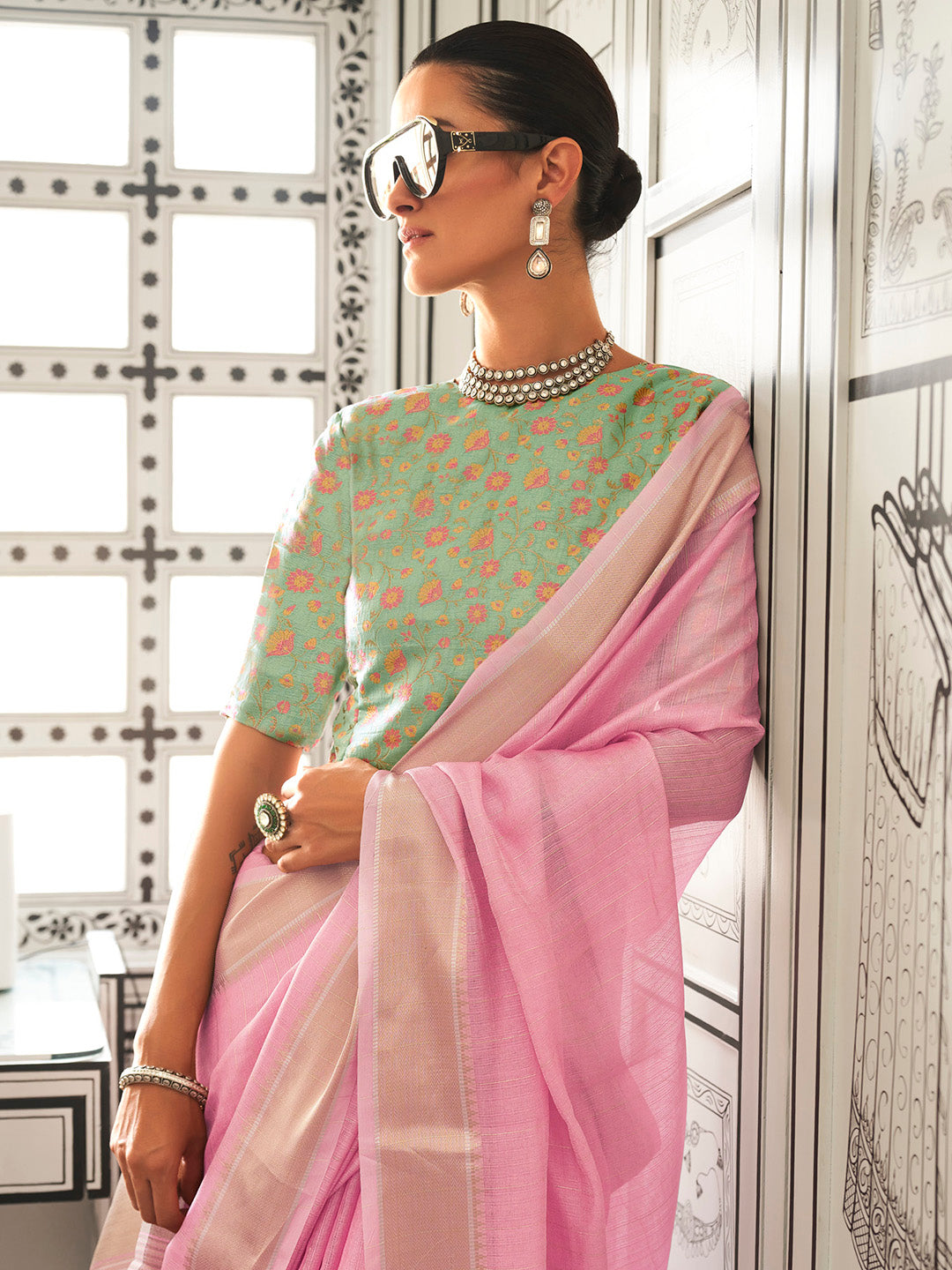 Women's Pure Chiffon Light Green Woven Design Designer Saree With Blouse Piece