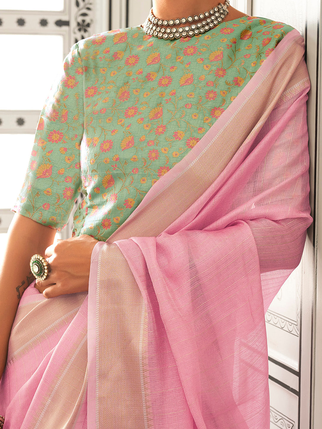 Women's Pure Chiffon Light Green Woven Design Designer Saree With Blouse Piece