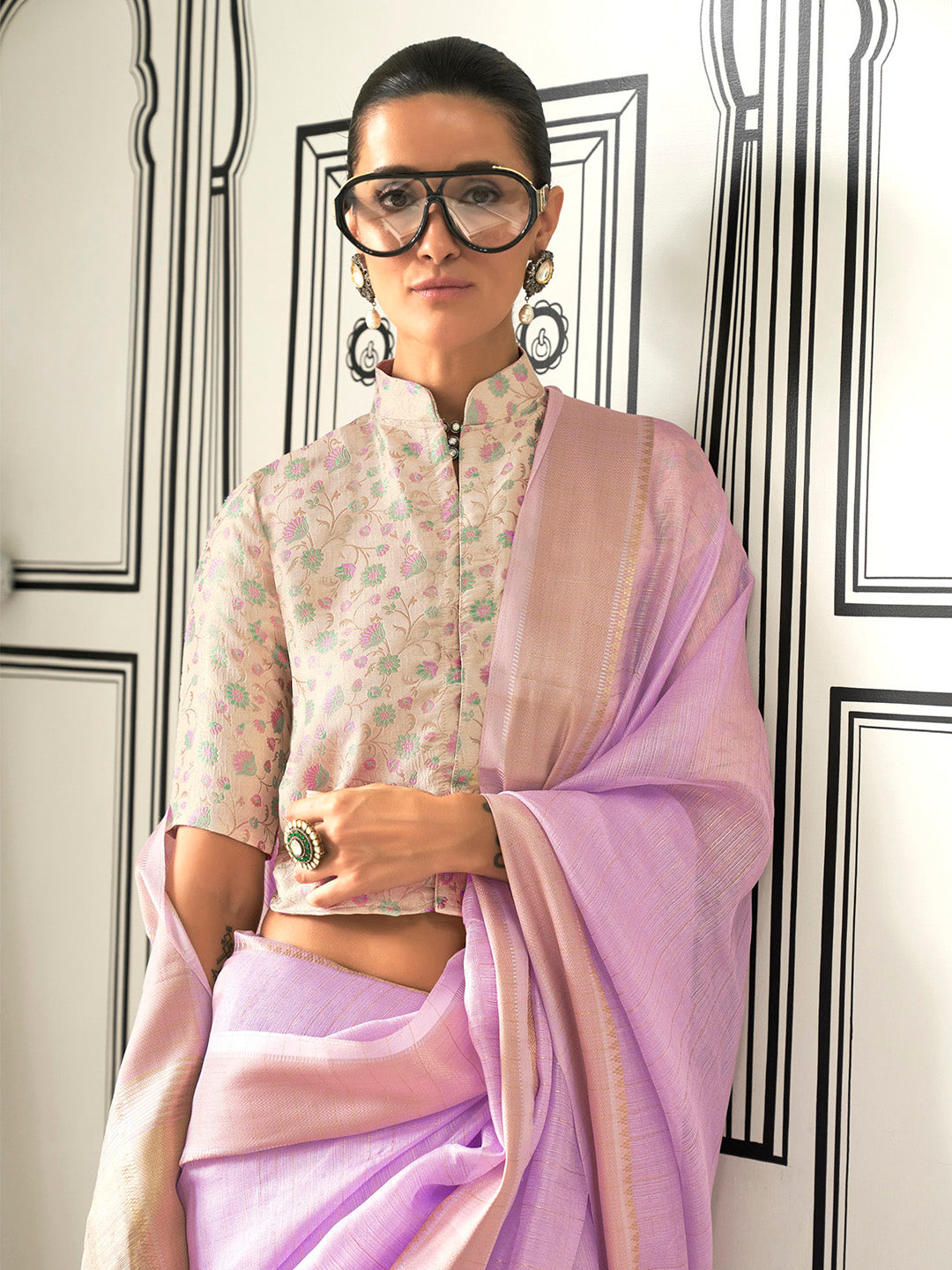 Women's Pure Chiffon Cream Woven Design Designer Saree With Blouse Piece
