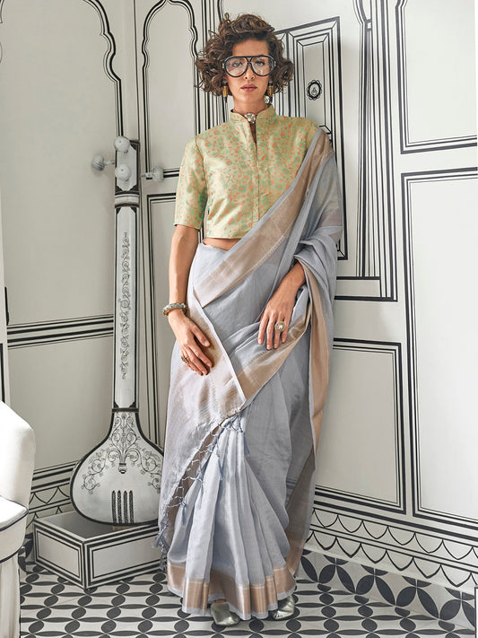 Women's Pure Chiffon Light Green Woven Design Designer Saree With Blouse Piece