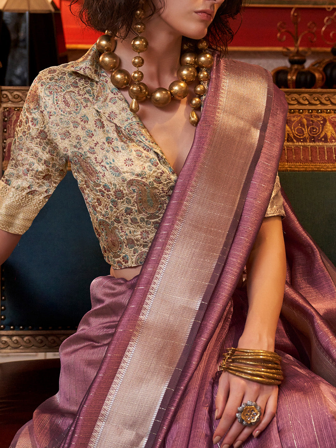 Women's Chiffon Cream Woven Design Designer Saree With Blouse Piece
