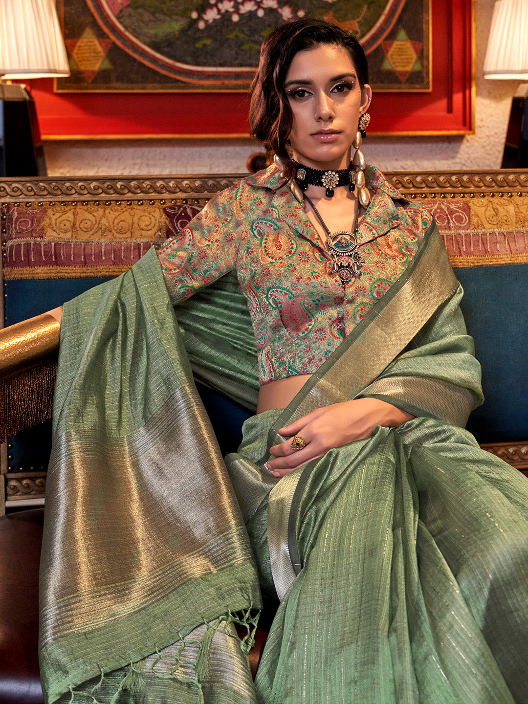 Women's Chiffon Light Green Woven Design Designer Saree With Blouse Piece