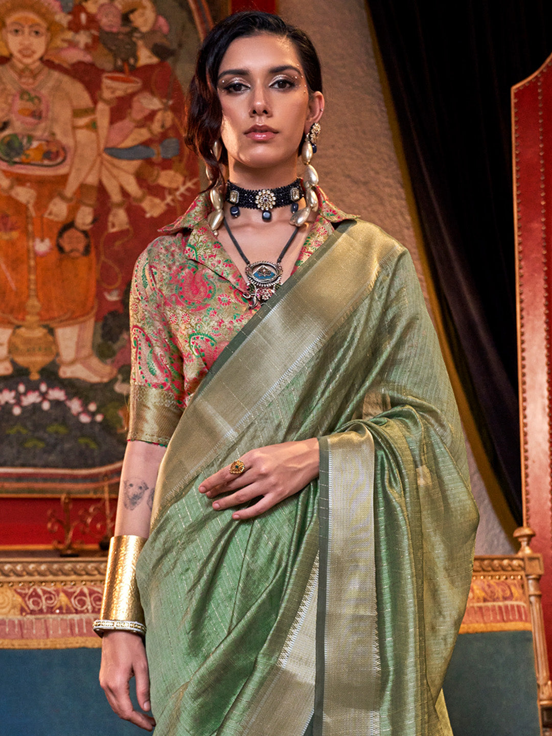 Women's Chiffon Light Green Woven Design Designer Saree With Blouse Piece