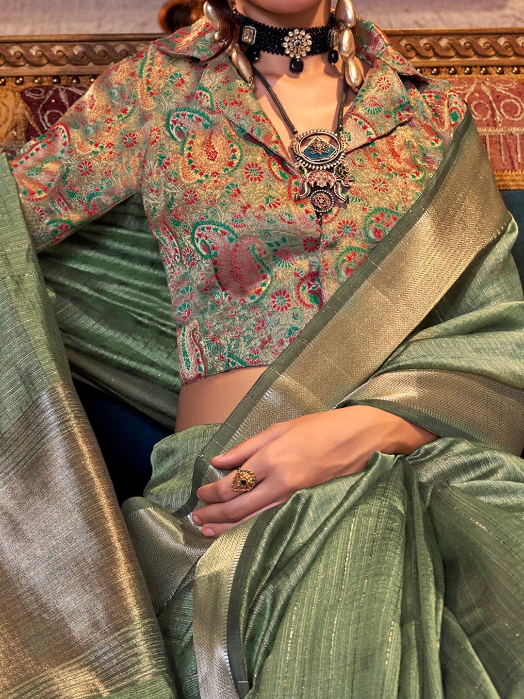 Women's Chiffon Light Green Woven Design Designer Saree With Blouse Piece