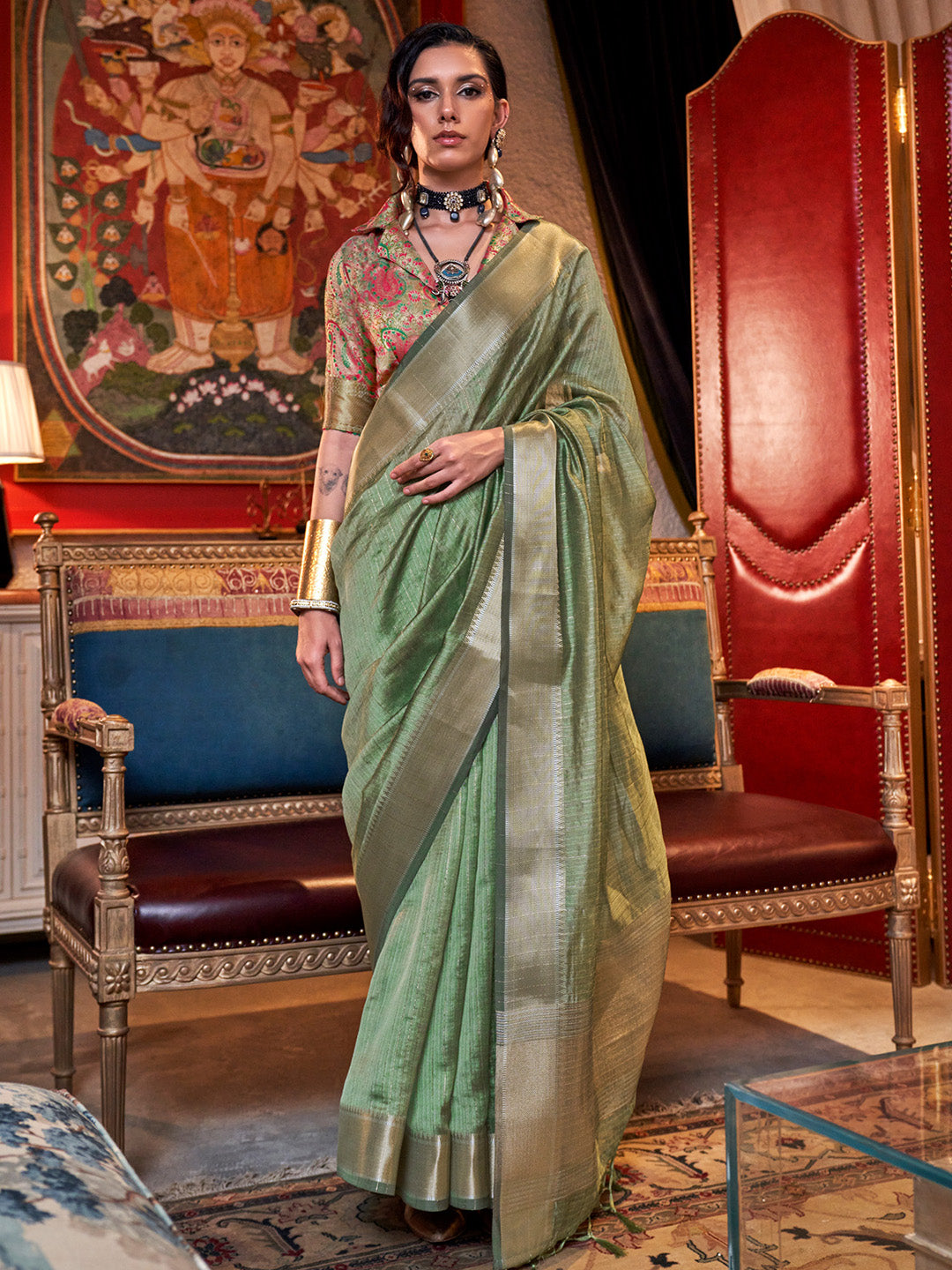 Women's Chiffon Light Green Woven Design Designer Saree With Blouse Piece