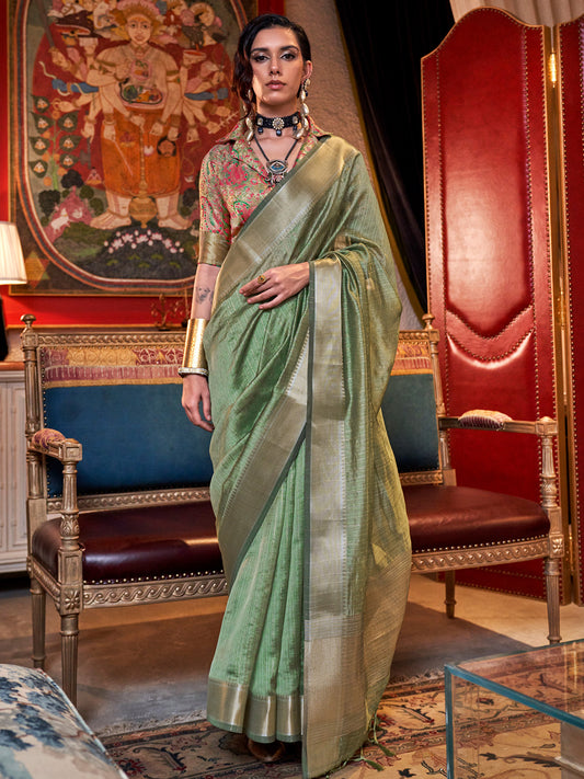 Women's Chiffon Light Green Woven Design Designer Saree With Blouse Piece