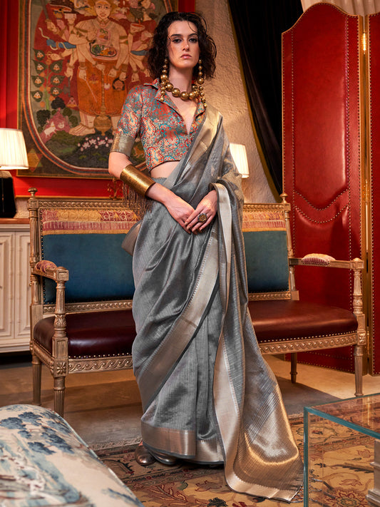 Women's Chiffon Grey Woven Design Designer Saree With Blouse Piece