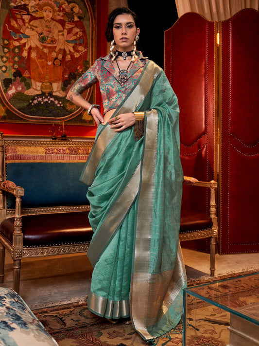 Women's Chiffon Turquoise Woven Design Designer Saree With Blouse Piece