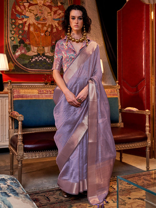 Women's Chiffon Lavendar Woven Design Designer Saree With Blouse Piece