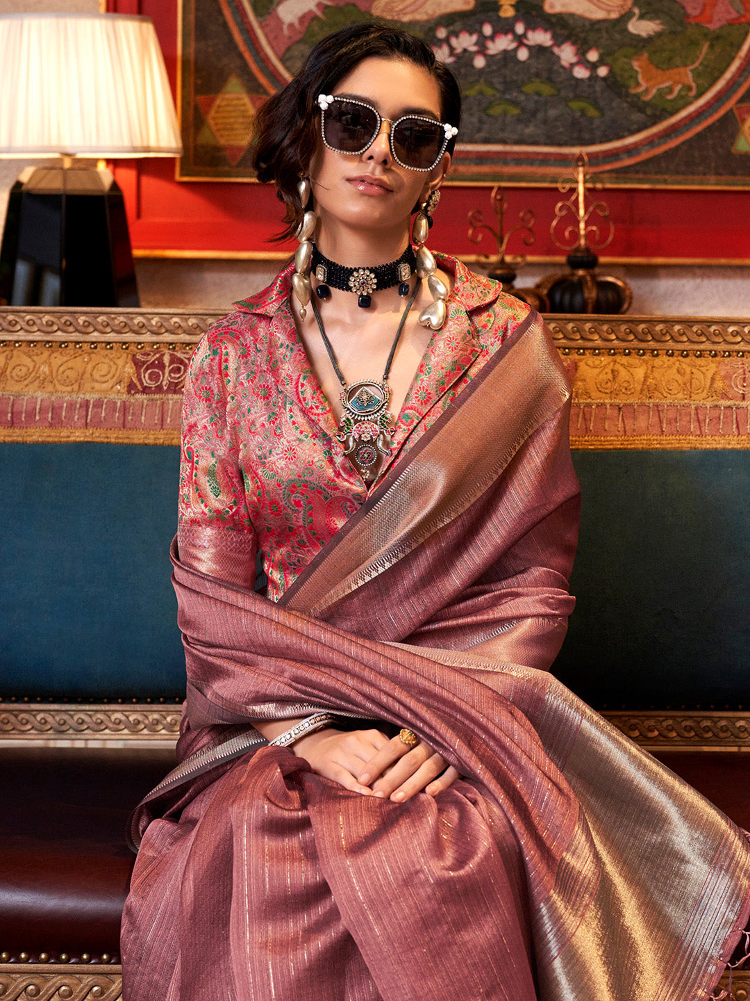 Women's Chiffon Brown Woven Design Designer Saree With Blouse Piece
