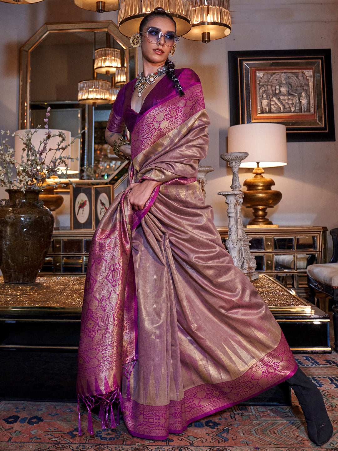 Women's Tissue Magenta Woven Design Designer Saree With Blouse Piece