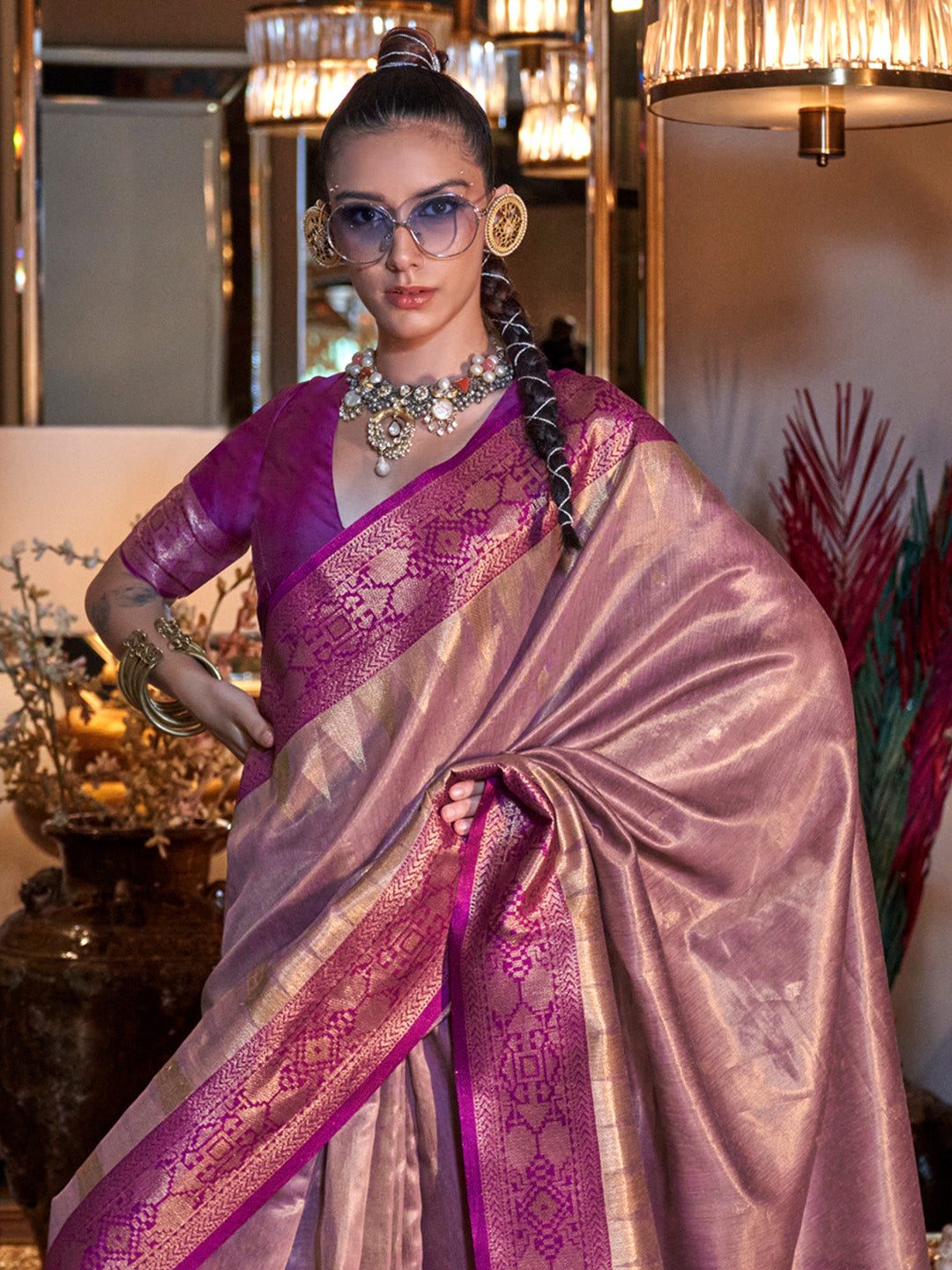 Women's Tissue Magenta Woven Design Designer Saree With Blouse Piece
