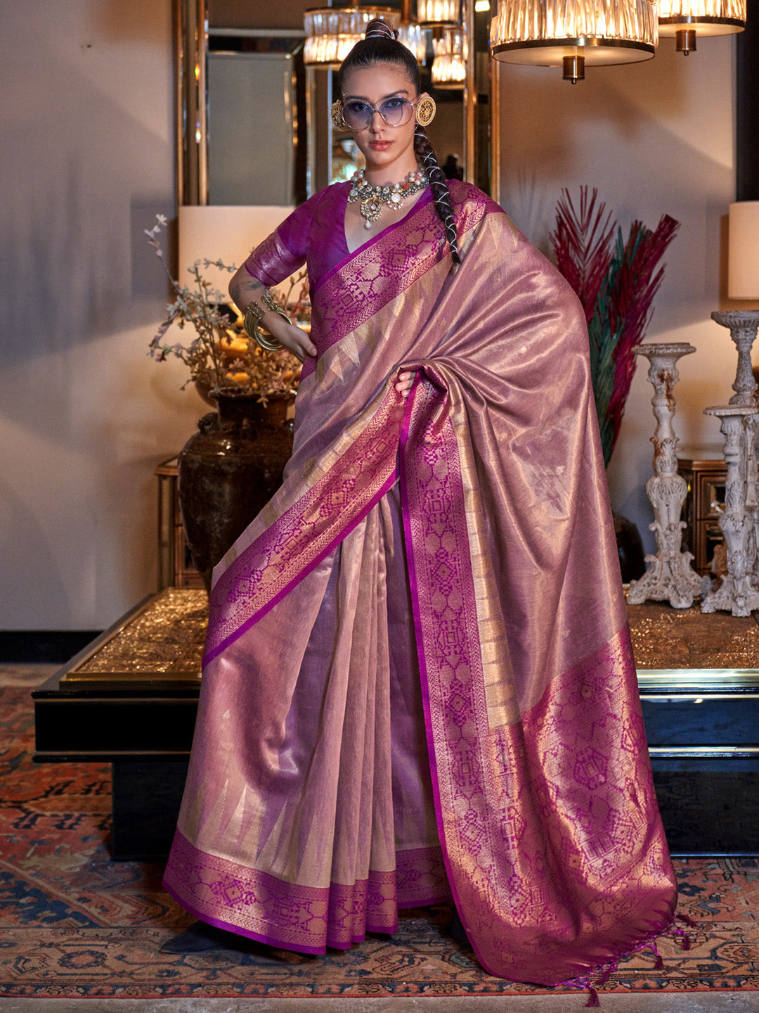 Women's Tissue Magenta Woven Design Designer Saree With Blouse Piece