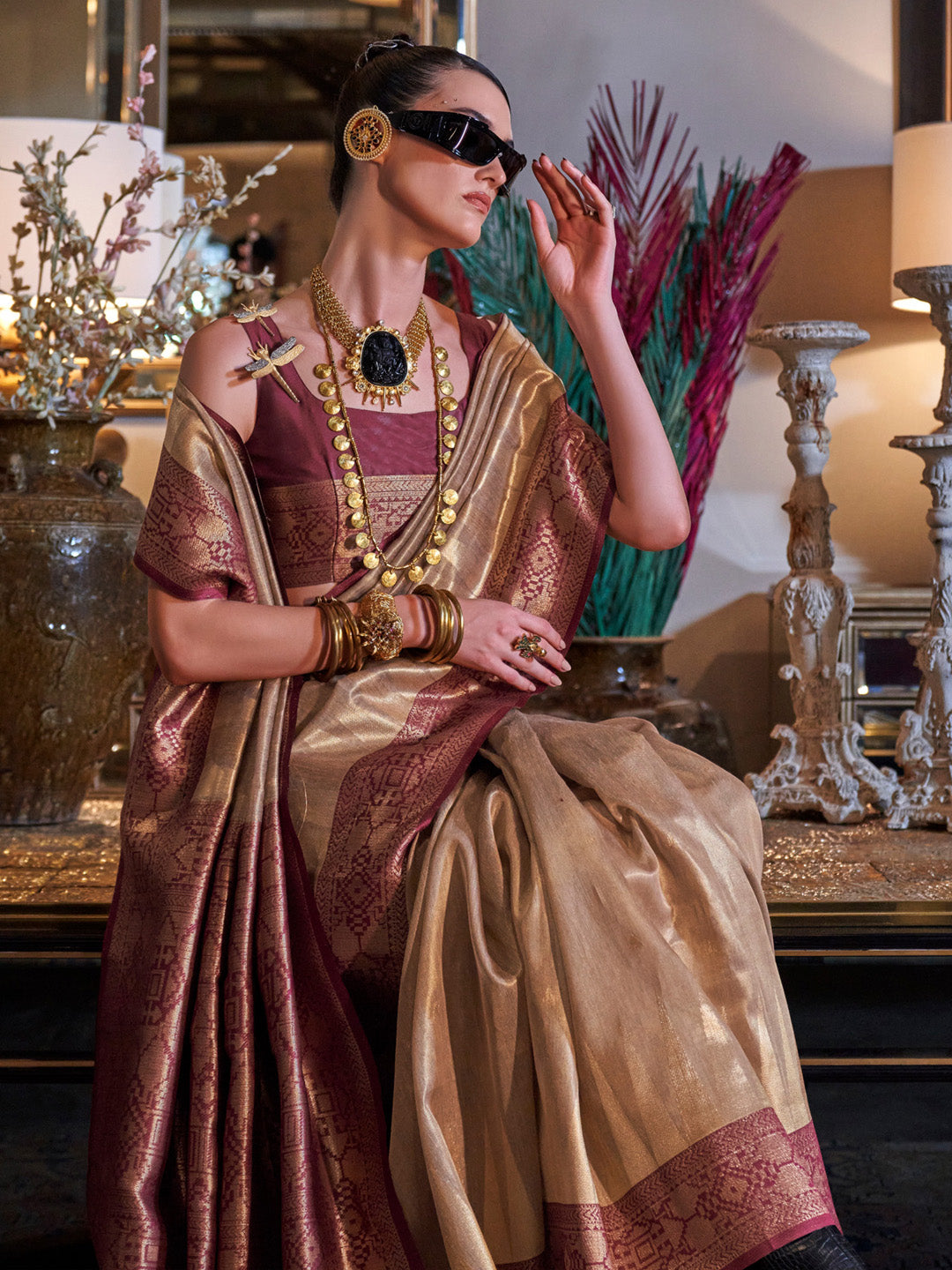 Women's Tissue Brown Woven Design Designer Saree With Blouse Piece