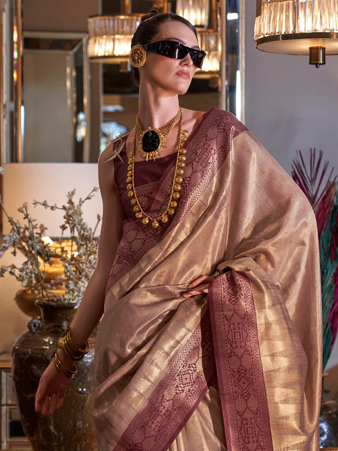 Women's Tissue Brown Woven Design Designer Saree With Blouse Piece