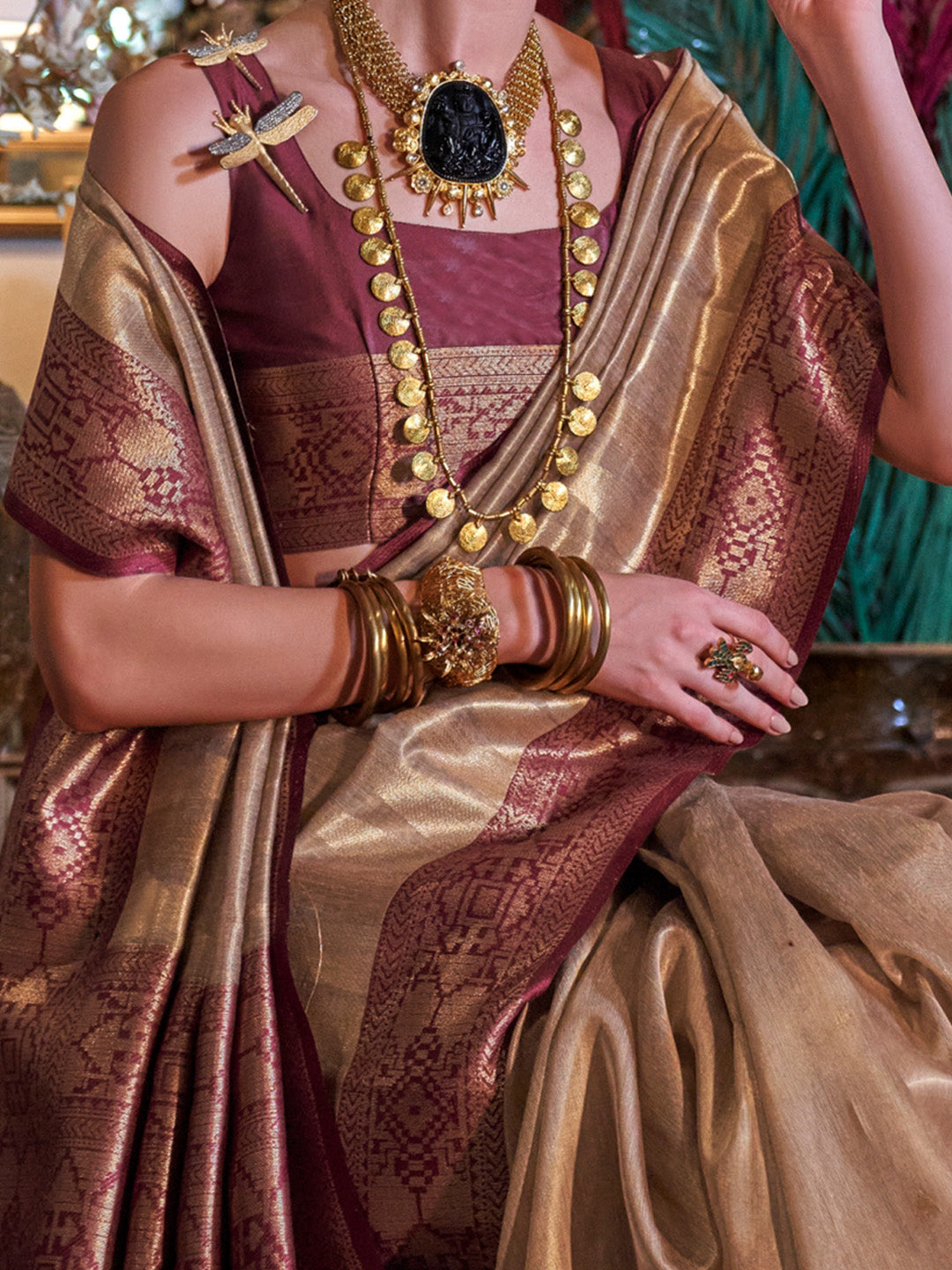 Women's Tissue Brown Woven Design Designer Saree With Blouse Piece
