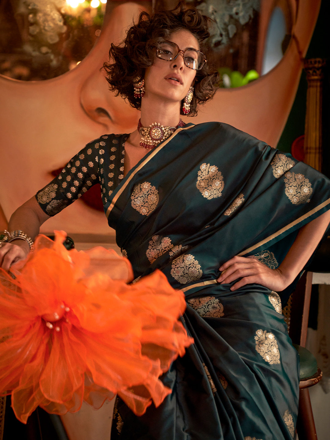 Women's Satin Silk Dark Green Woven Design Designer Saree With Blouse Piece