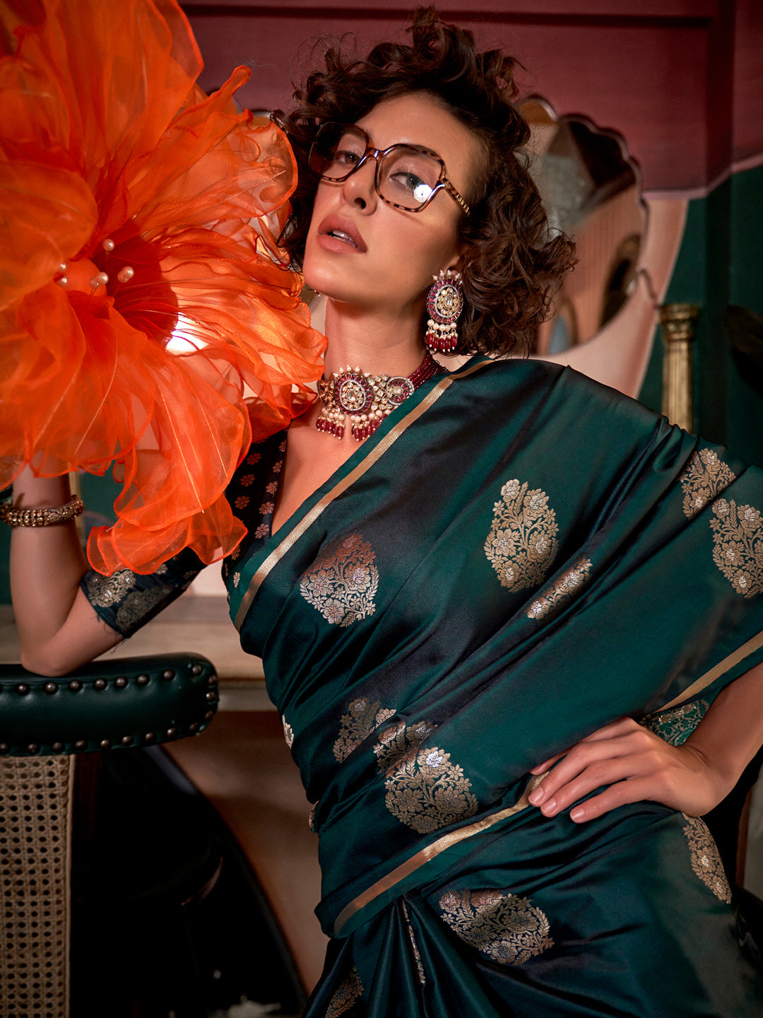 Women's Satin Silk Dark Green Woven Design Designer Saree With Blouse Piece