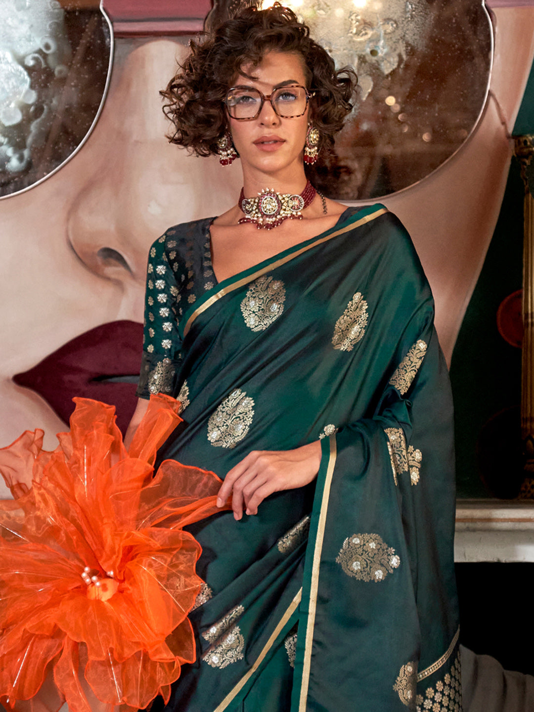 Women's Satin Silk Dark Green Woven Design Designer Saree With Blouse Piece
