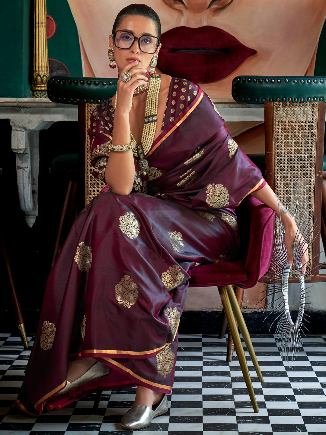 Women's Satin Silk Burgundy Woven Design Designer Saree With Blouse Piece