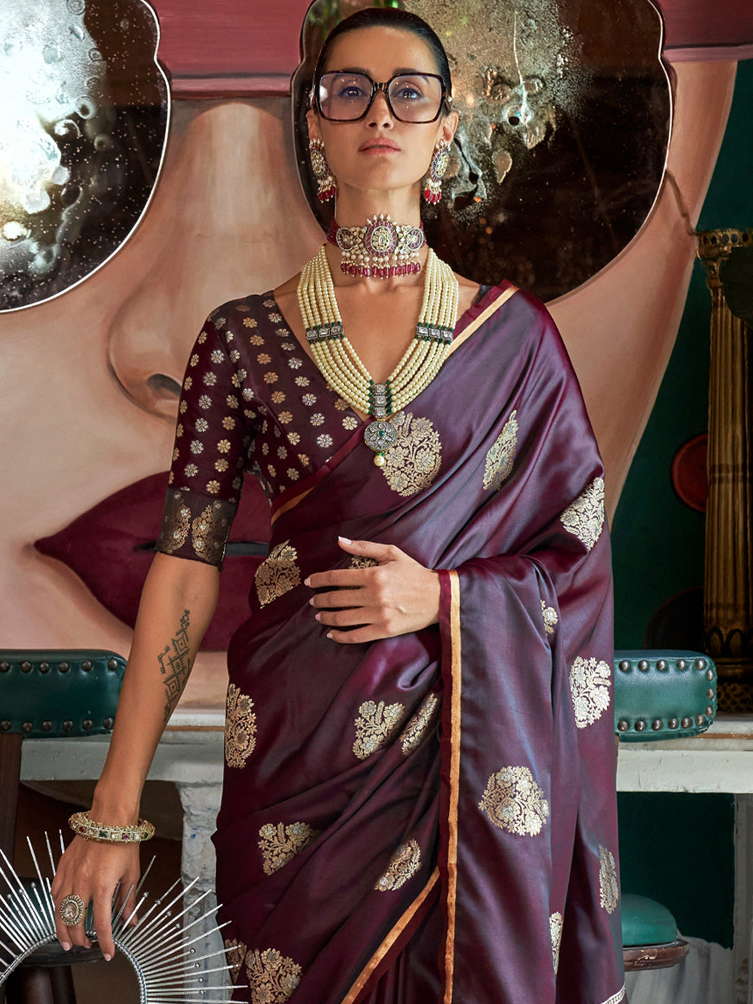 Women's Satin Silk Burgundy Woven Design Designer Saree With Blouse Piece
