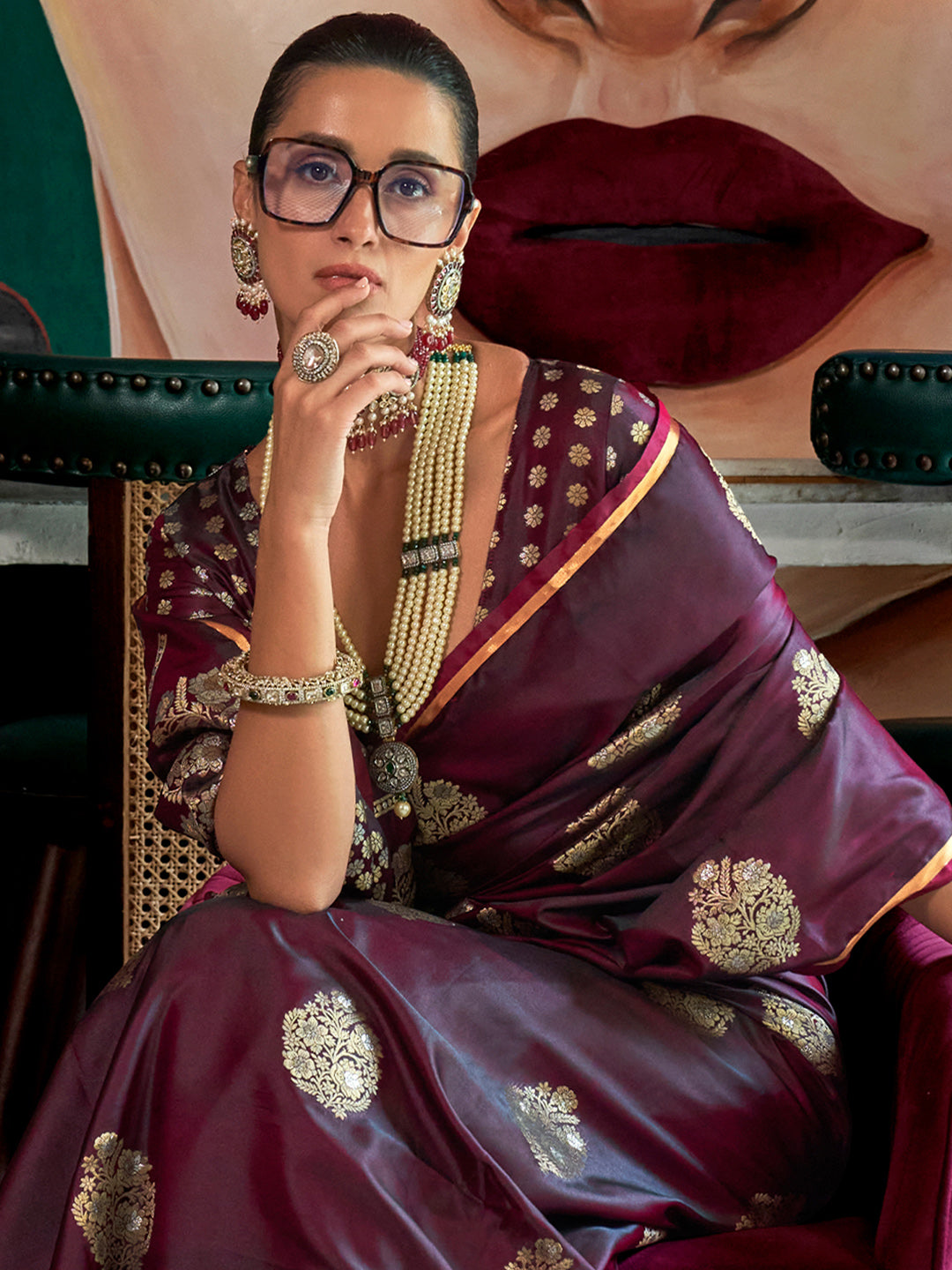 Women's Satin Silk Burgundy Woven Design Designer Saree With Blouse Piece