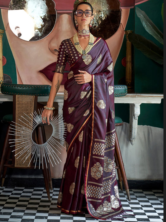 Women's Satin Silk Burgundy Woven Design Designer Saree With Blouse Piece