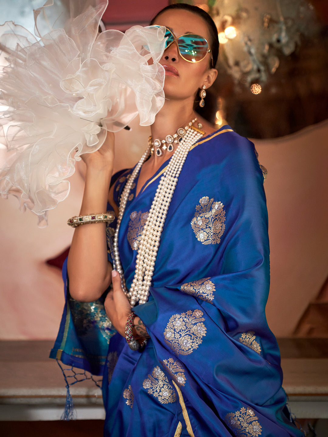 Women's Satin Silk Blue Woven Design Designer Saree With Blouse Piece