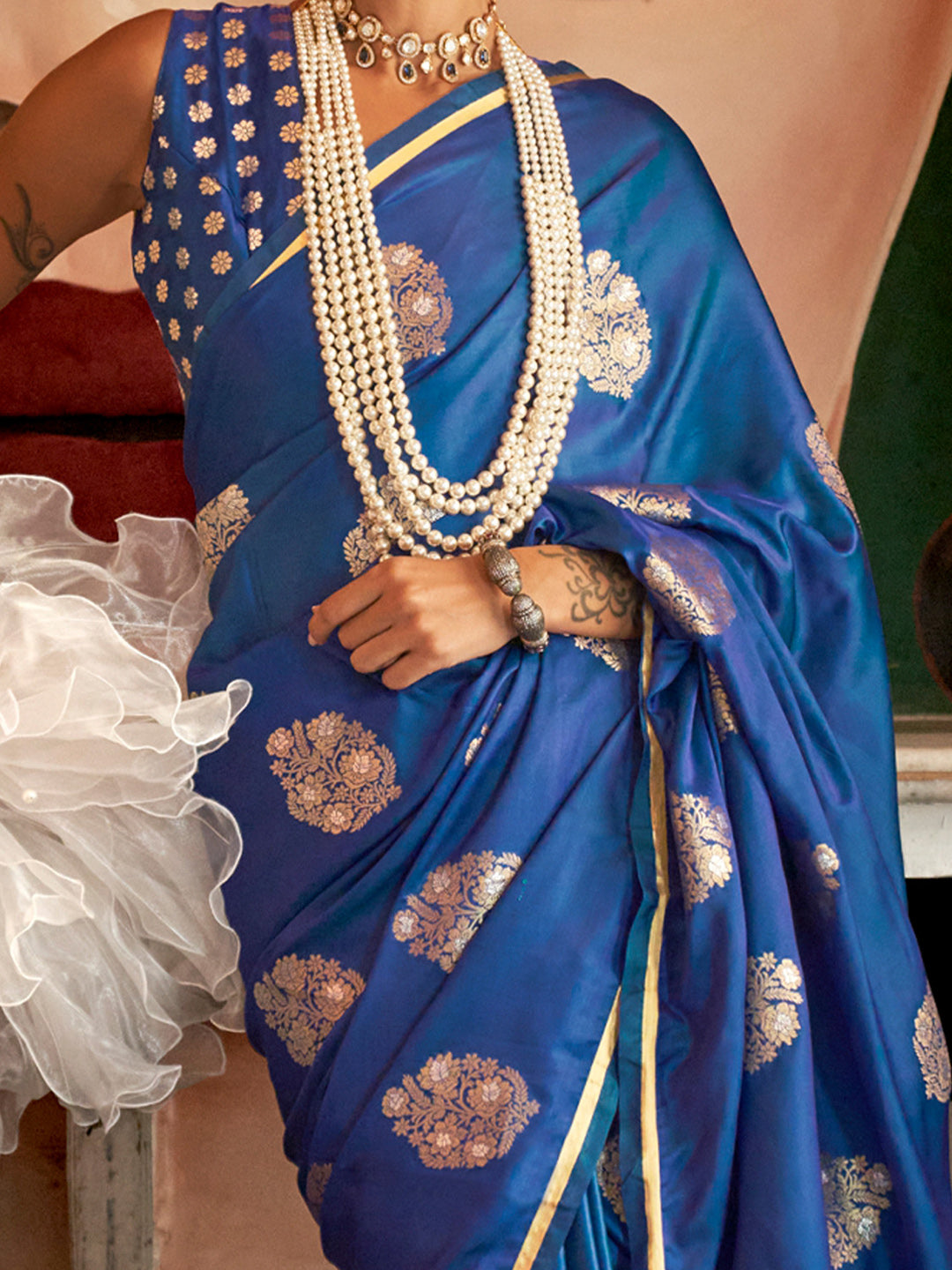 Women's Satin Silk Blue Woven Design Designer Saree With Blouse Piece