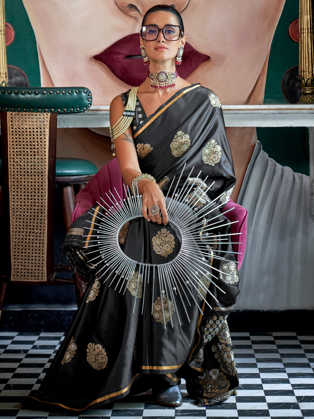 Women's Satin Silk Black Woven Design Designer Saree With Blouse Piece