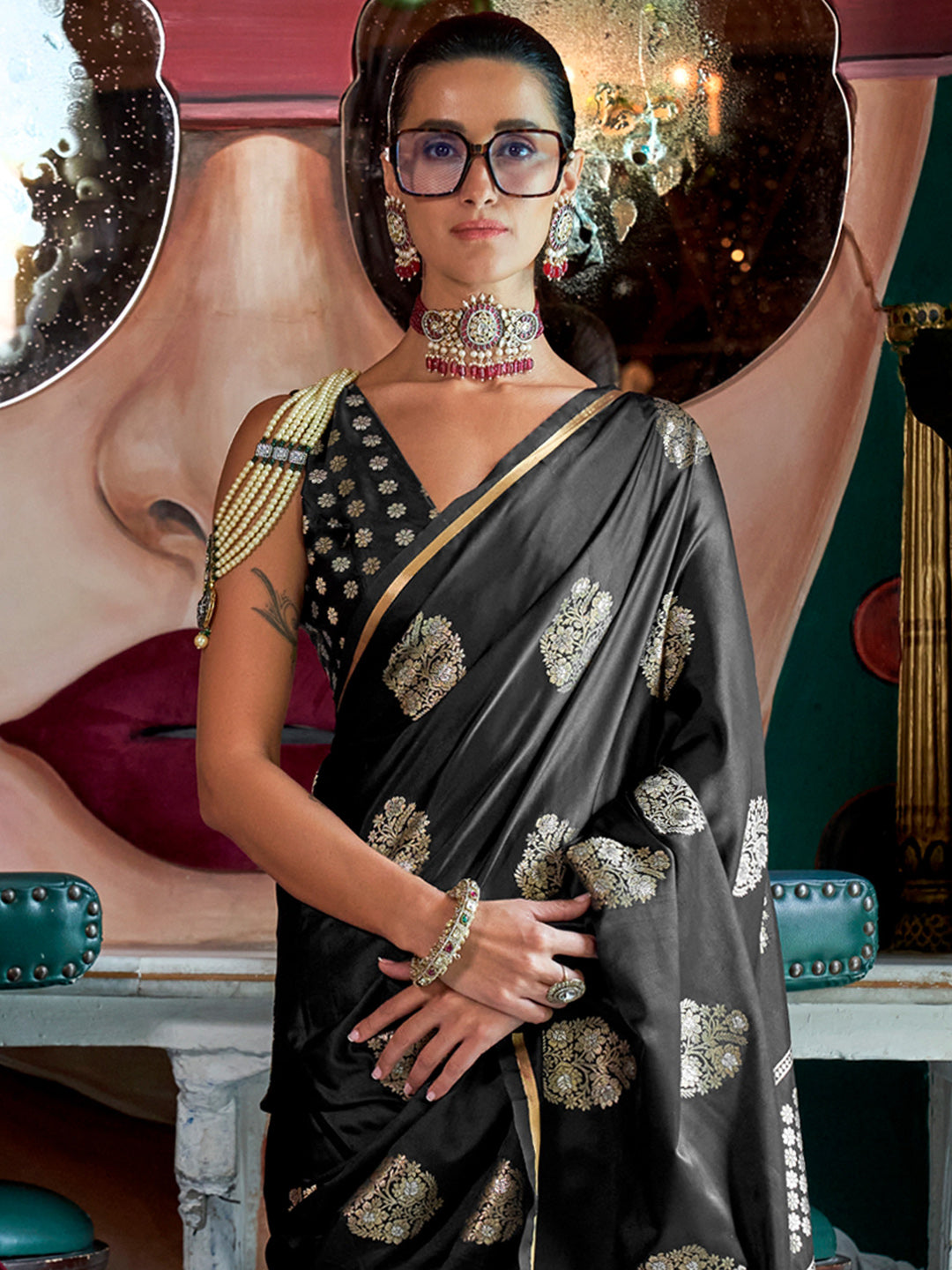 Women's Satin Silk Black Woven Design Designer Saree With Blouse Piece