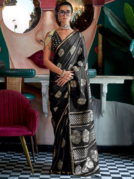 Women's Satin Silk Black Woven Design Designer Saree With Blouse Piece