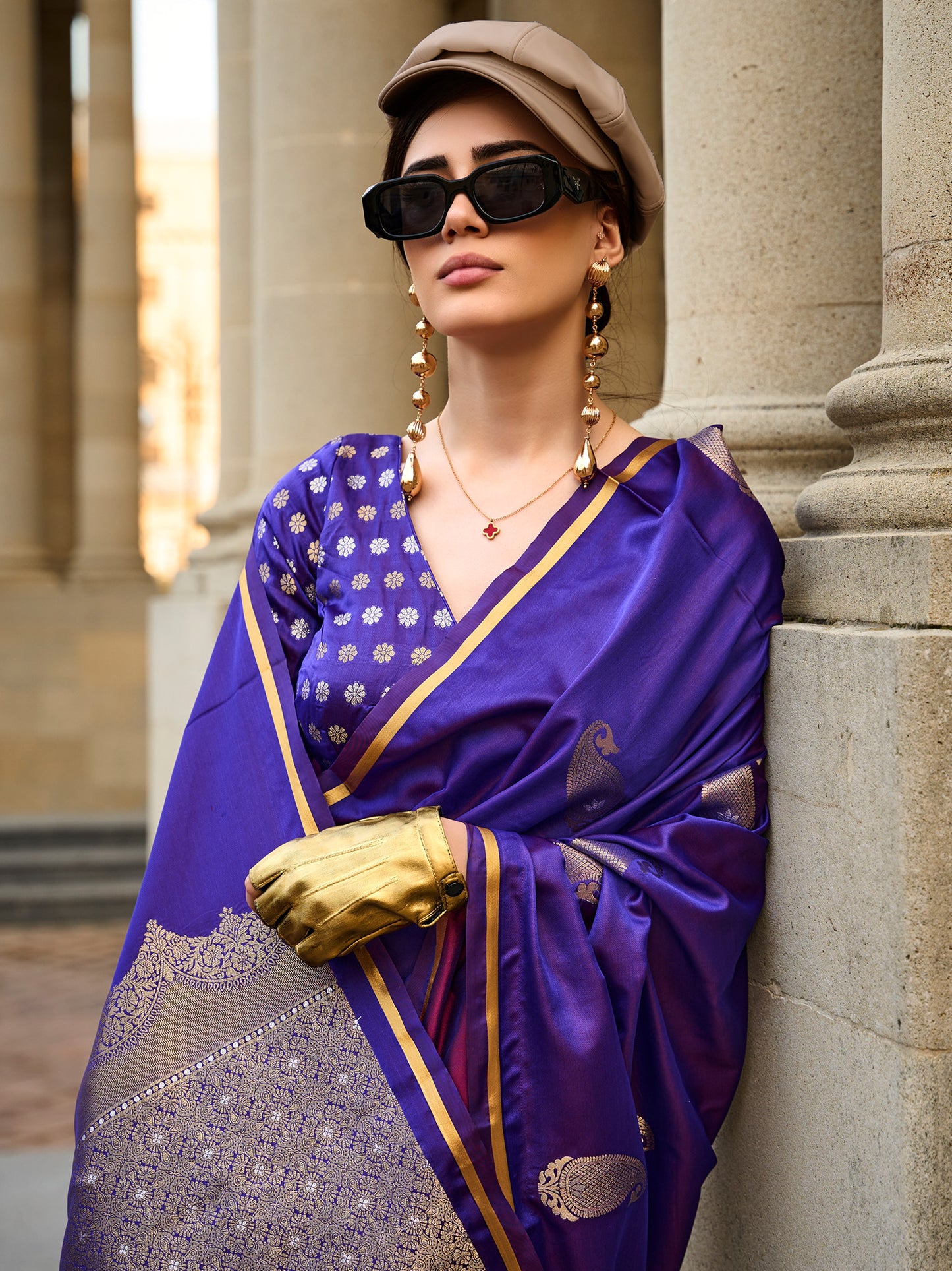 Women's Satin Silk Purple Woven Design Designer Saree With Blouse Piece